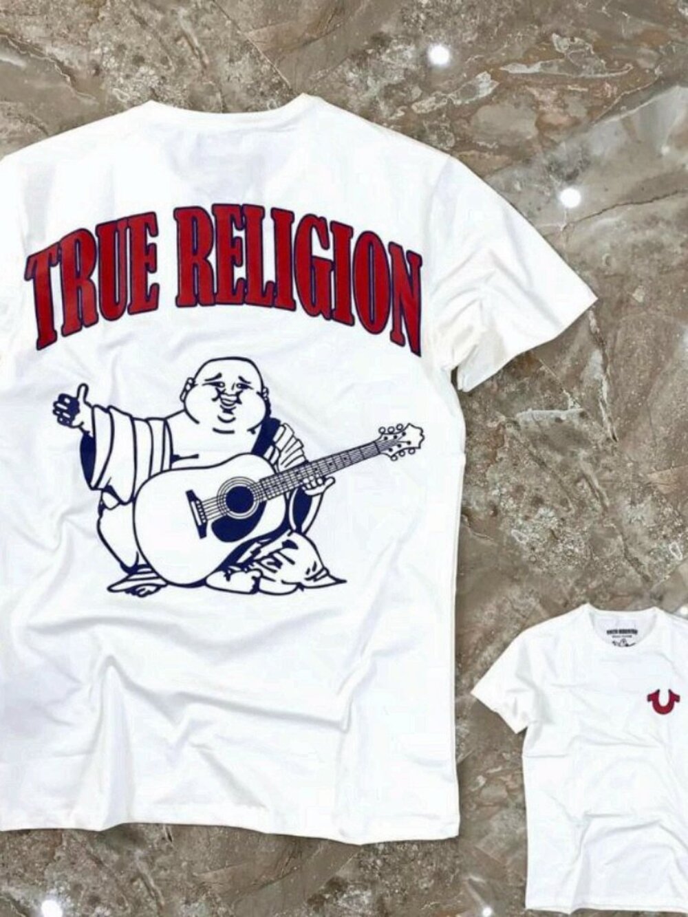 True Religion White Graphic Tee Buddha Guitar Back Logo